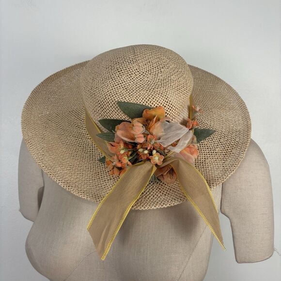 VTG Cappelli Florida Woven Straw Sun Hat Floral Ribbon Classic Cottage - Picture 10 of 11